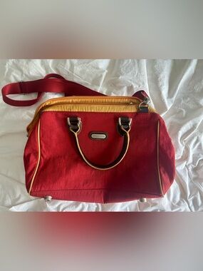 Baggallini Red Tote with Yellow Accent and Brown Handles